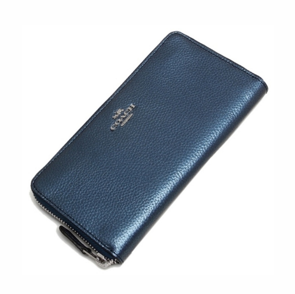 Coach Metallic Navy Blue Leather With Silver Hardware Accordion Zip Wallet NWT - Picture 14 of 14